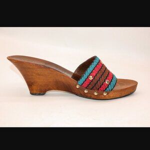 Vintage Gucci Multicolored Woven Gold Studs Wood Wedge Sandals